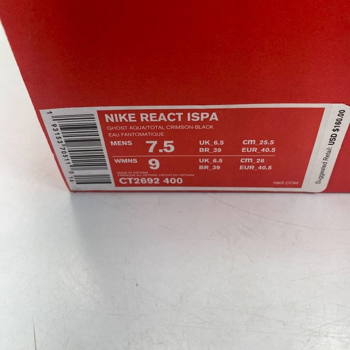 Nike React ISPA Ghost Aqua CT2692-400 NEW NO LID